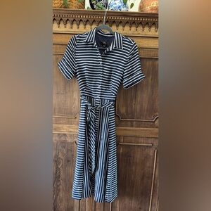 Silk Striped Dress in Navy and Cream